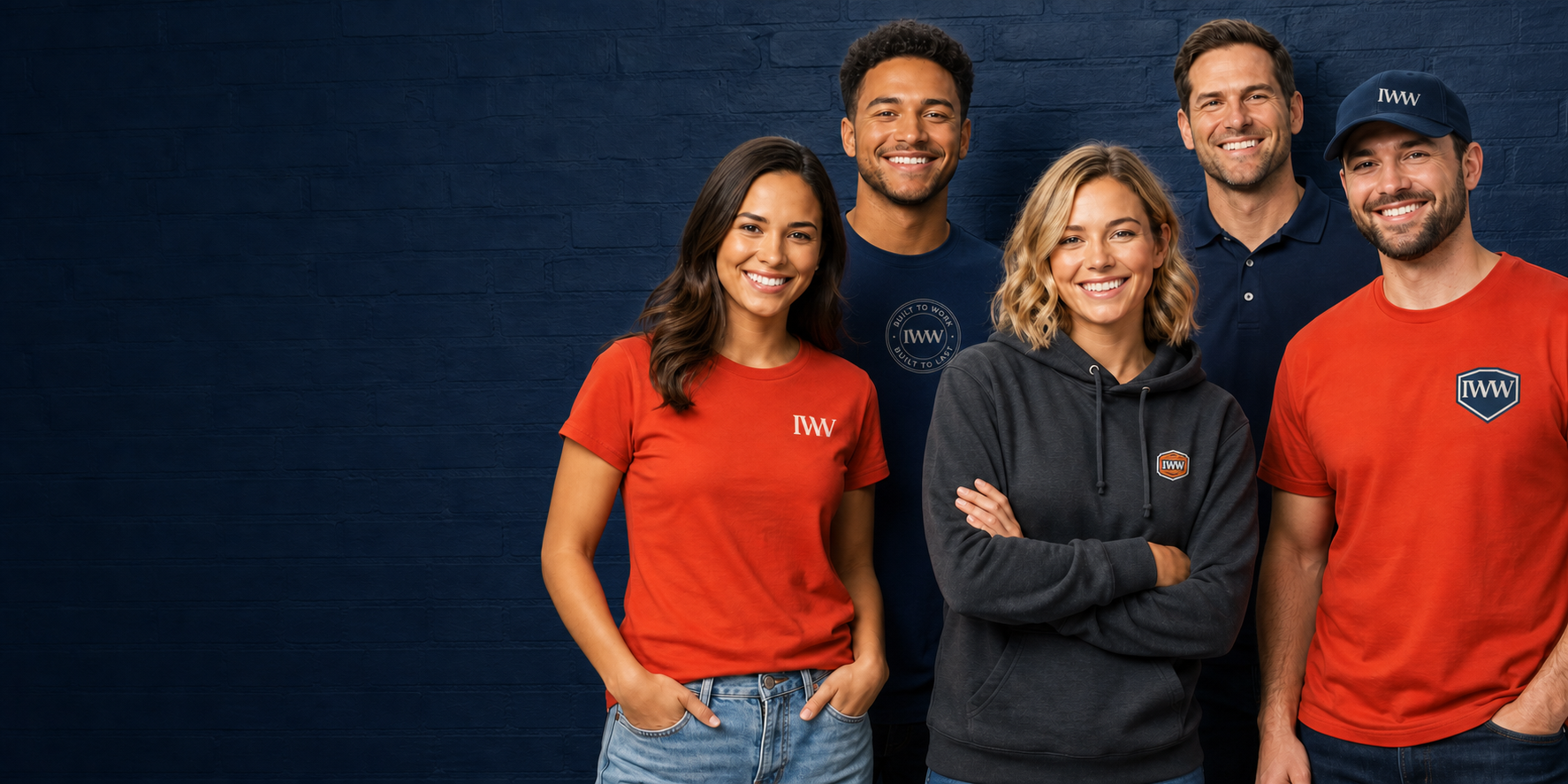 A diverse team wearing custom apparel from Innovative Work Wear